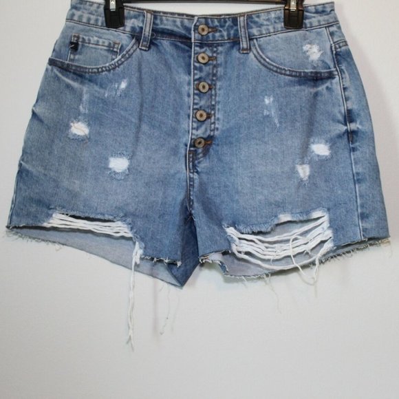 KanCan Button Fly Cut Off Jean Shorts Light Hi Rise Distressed Size Large H12810 - Picture 3 of 12